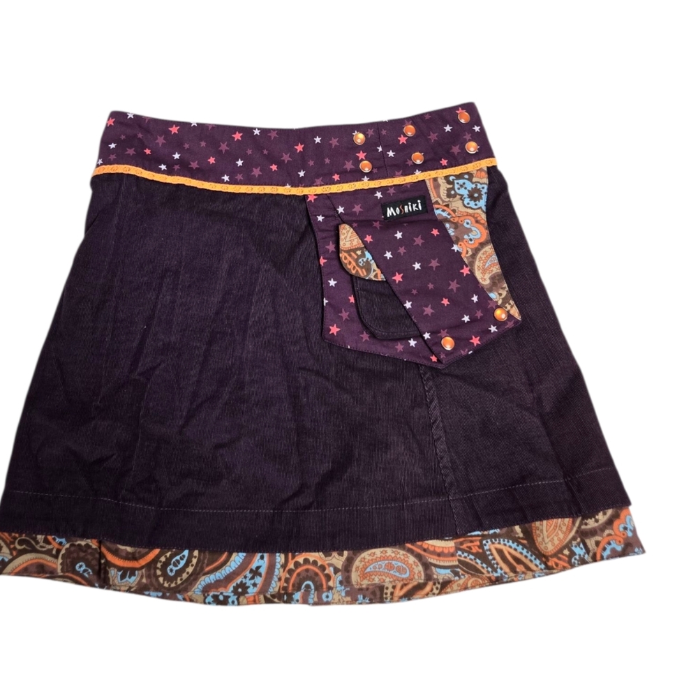 MOSHIKI 3 cord purple‎ corduroy and paisley reversible wrap skirt with pouch OS